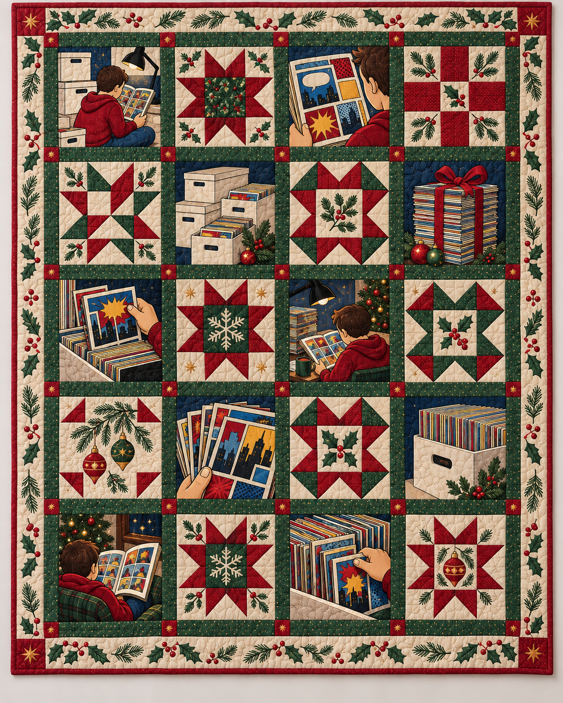 Christmas in Comic Panels Quilt Blanket — main design