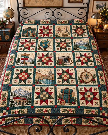 Christmas Wanderlust Quilt Blanket — bed mockup