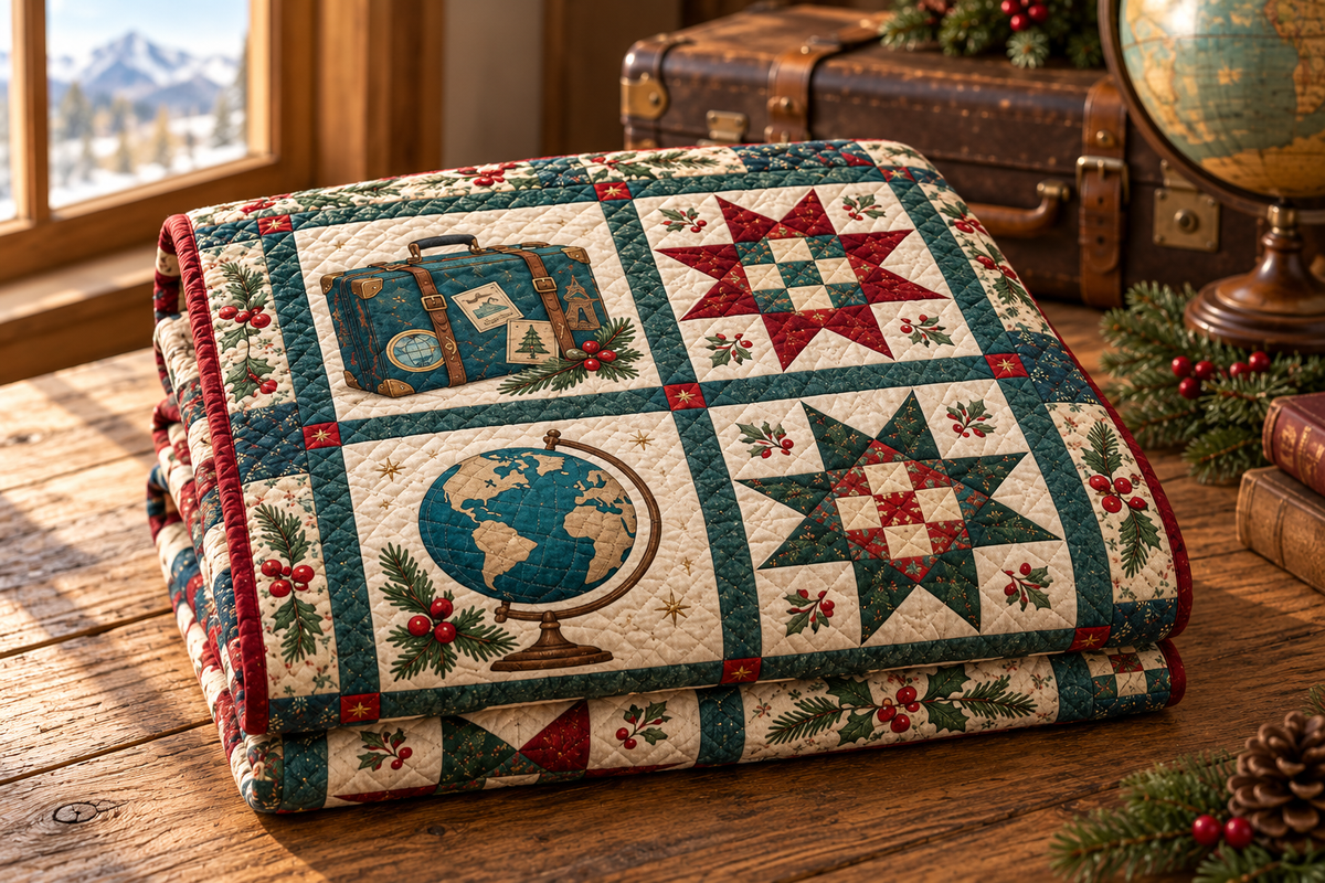 Christmas Wanderlust Quilt Blanket — folded mockup