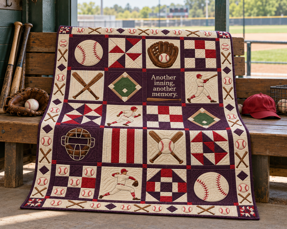 Another Inning Baseball Quilt Blanket - venue bench mockup