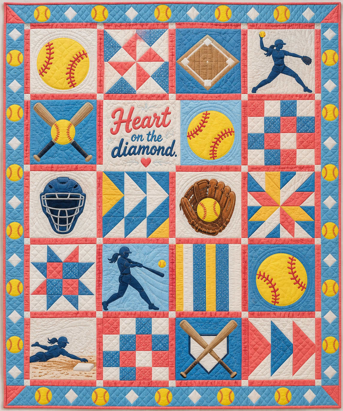 Diamond Heart Softball Quilt Blanket - main design