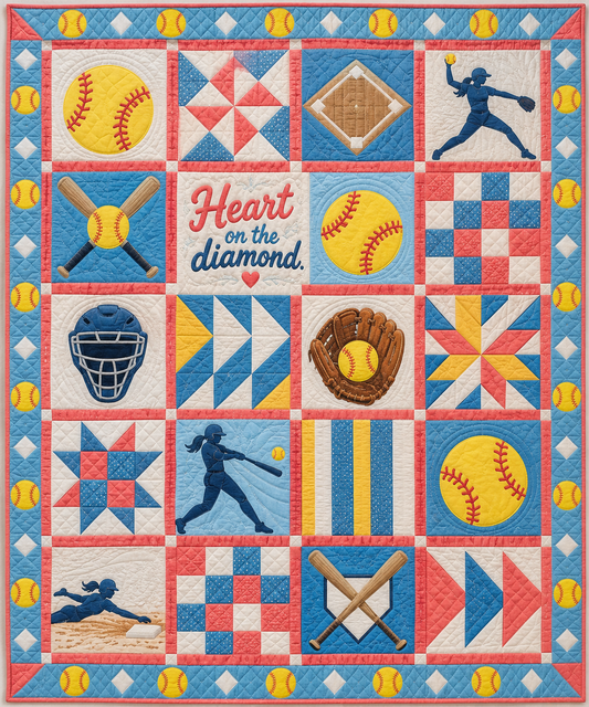 Diamond Heart Softball Quilt Blanket - main design