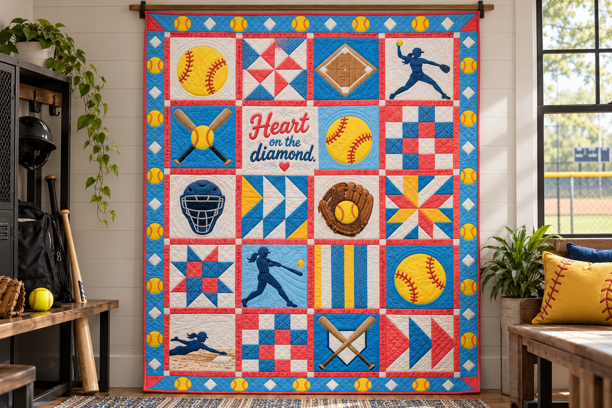 Diamond Heart Softball Quilt Blanket - wall display