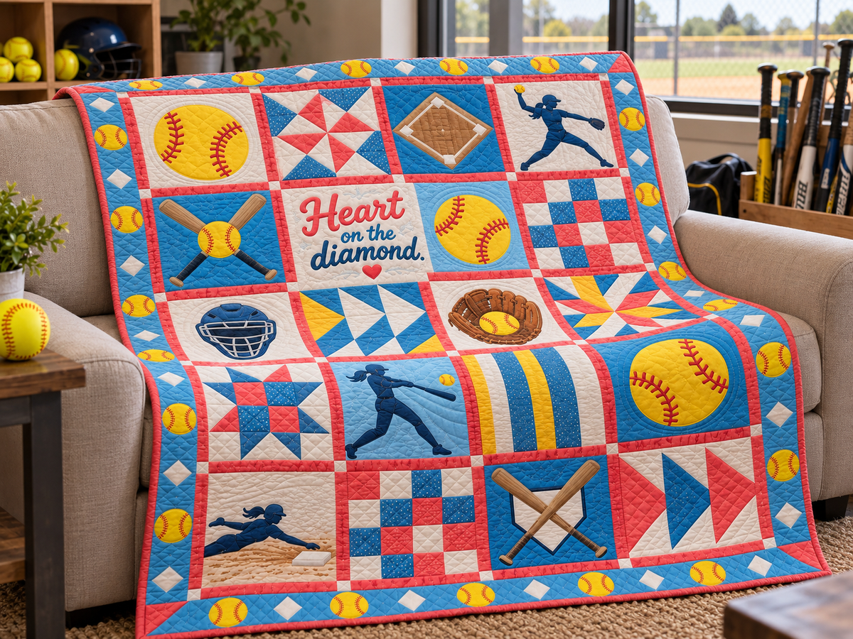 Diamond Heart Softball Quilt Blanket - sofa mockup
