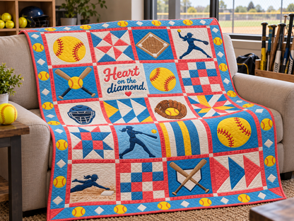 Diamond Heart Softball Quilt Blanket - sofa mockup