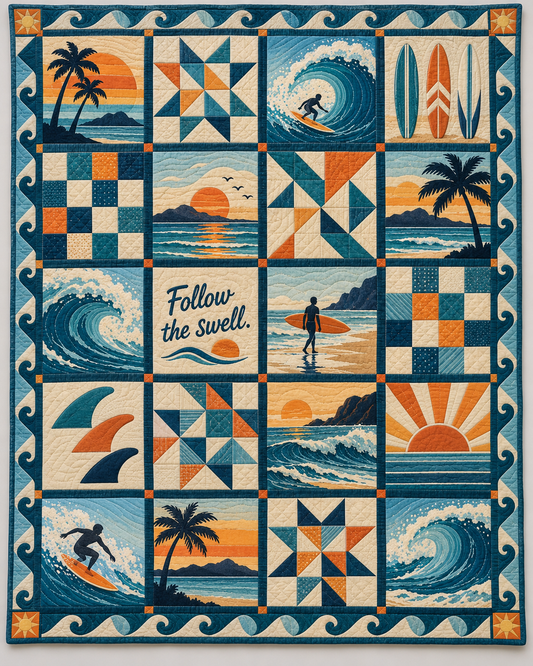 Follow the Swell Surfing Quilt Blanket - main design