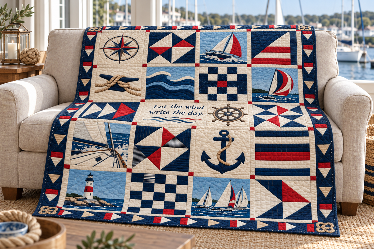 Windwritten Sailing Quilt Blanket - sofa mockup