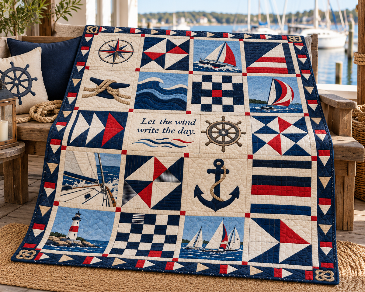 Windwritten Sailing Quilt Blanket - venue bench mockup