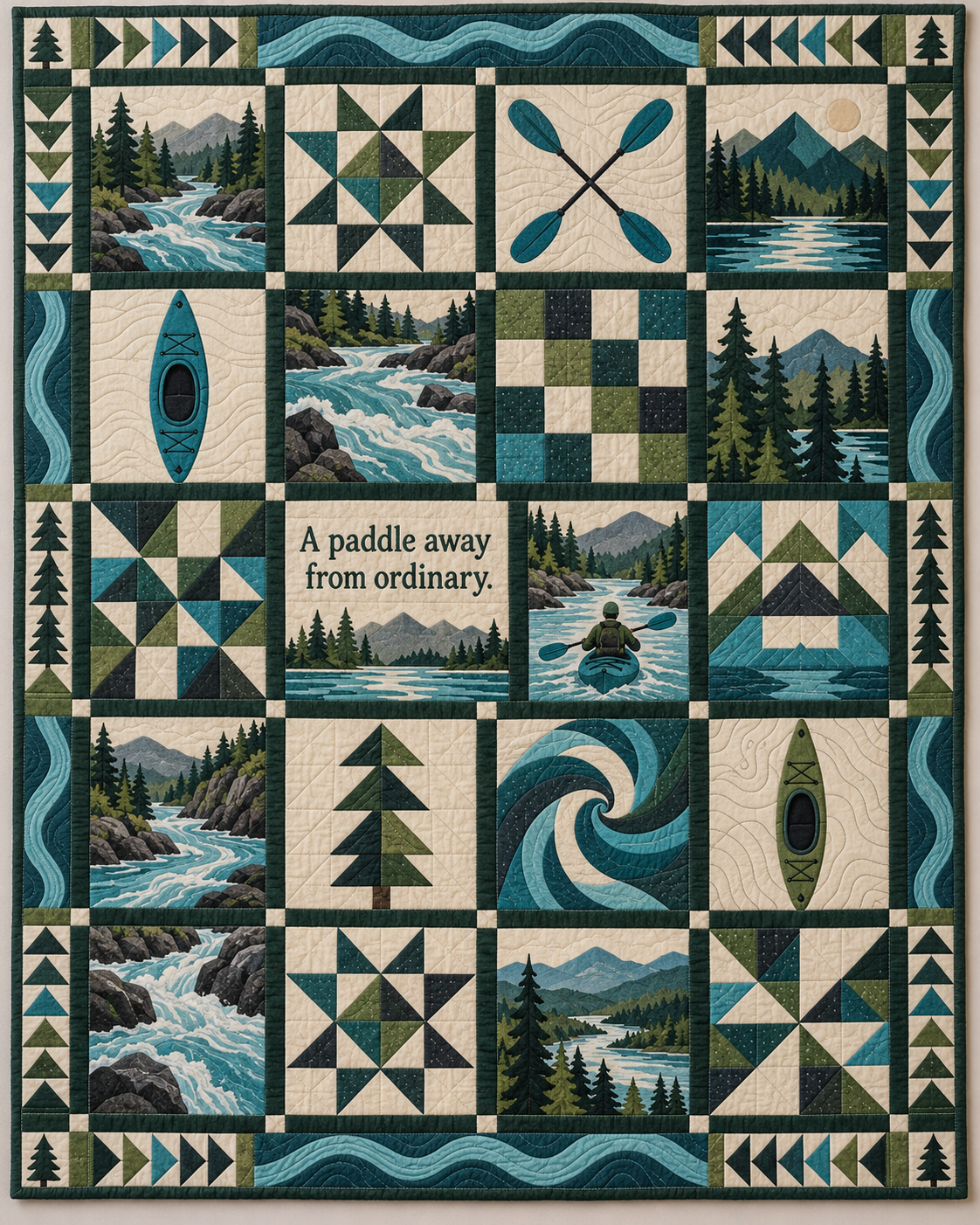 Beyond the Riverbend Kayaking Quilt Blanket - main design