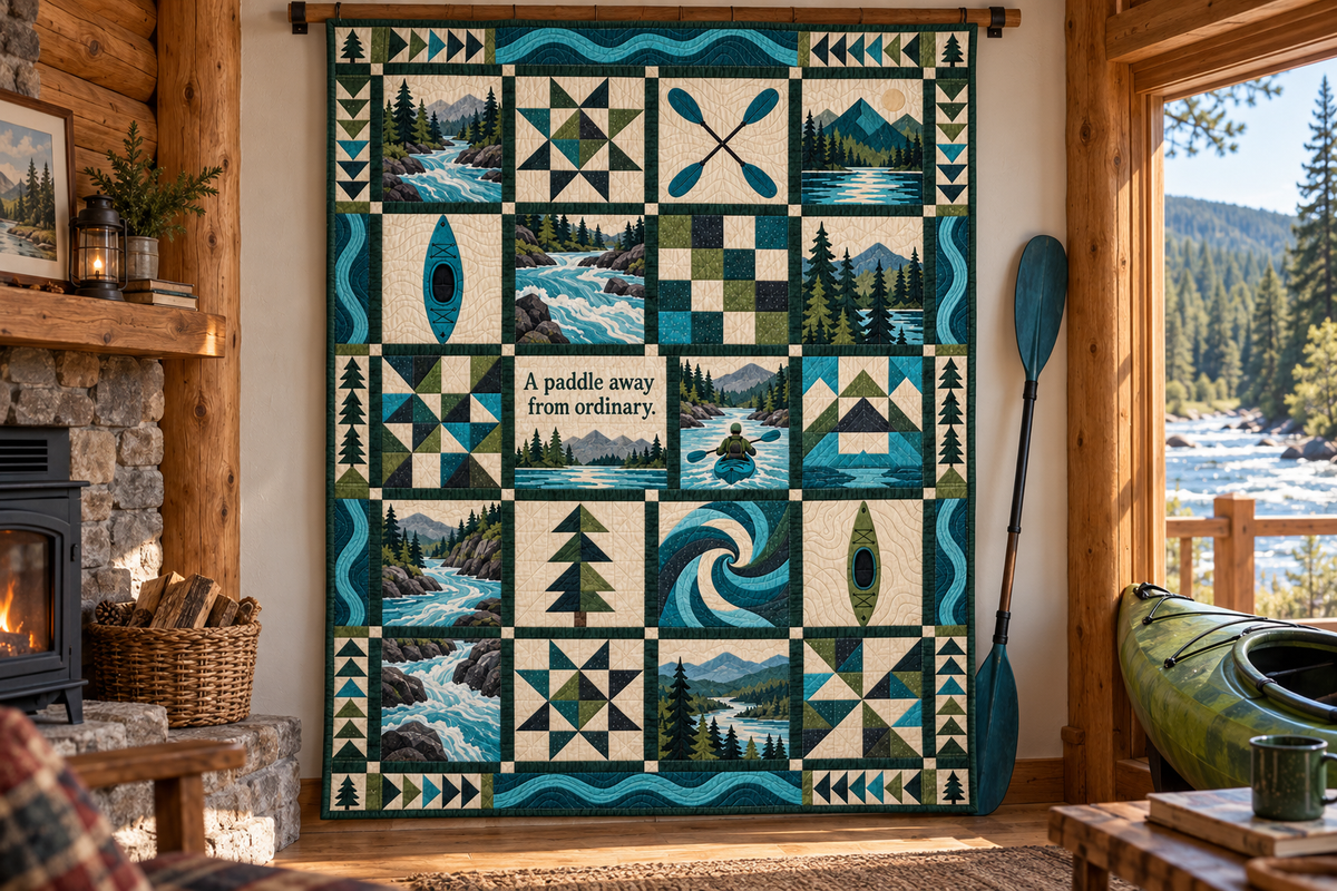 Beyond the Riverbend Kayaking Quilt Blanket - wall display