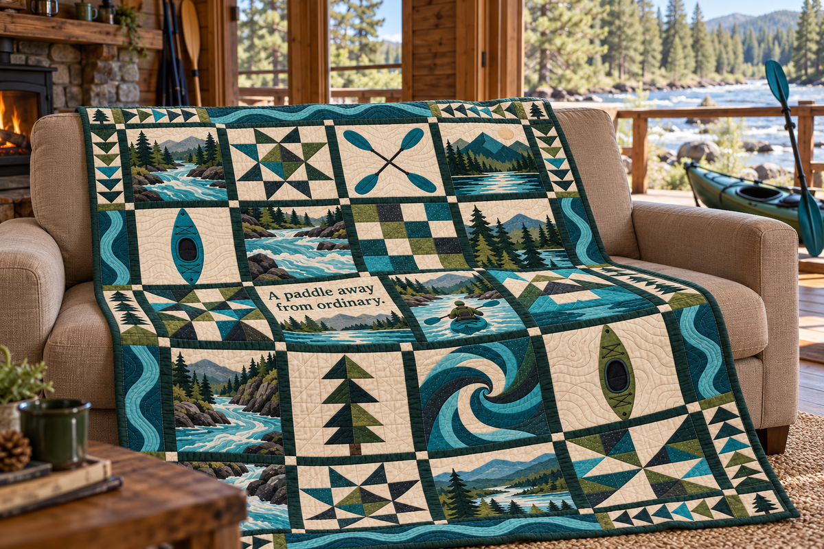 Beyond the Riverbend Kayaking Quilt Blanket - sofa mockup