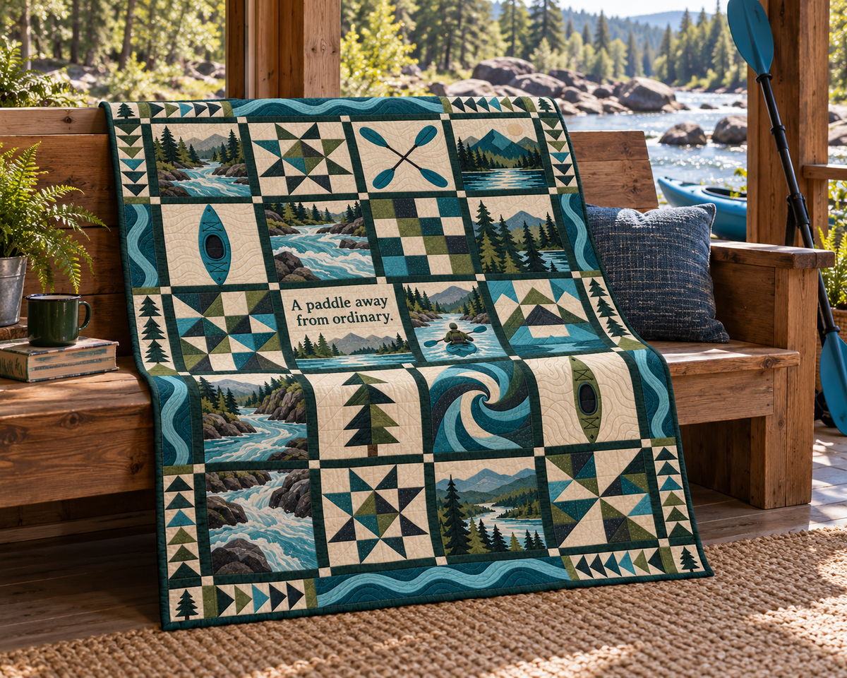 Beyond the Riverbend Kayaking Quilt Blanket - venue bench mockup