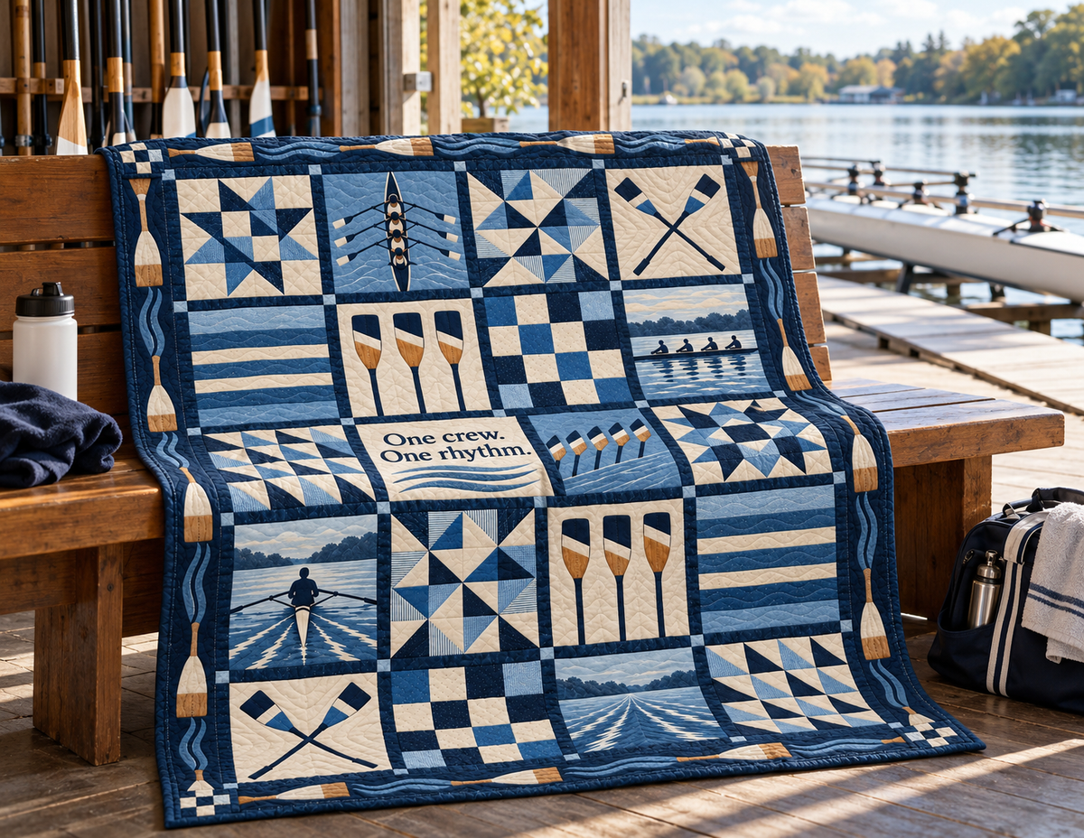 One Crew One Rhythm Rowing Quilt Blanket - venue bench mockup