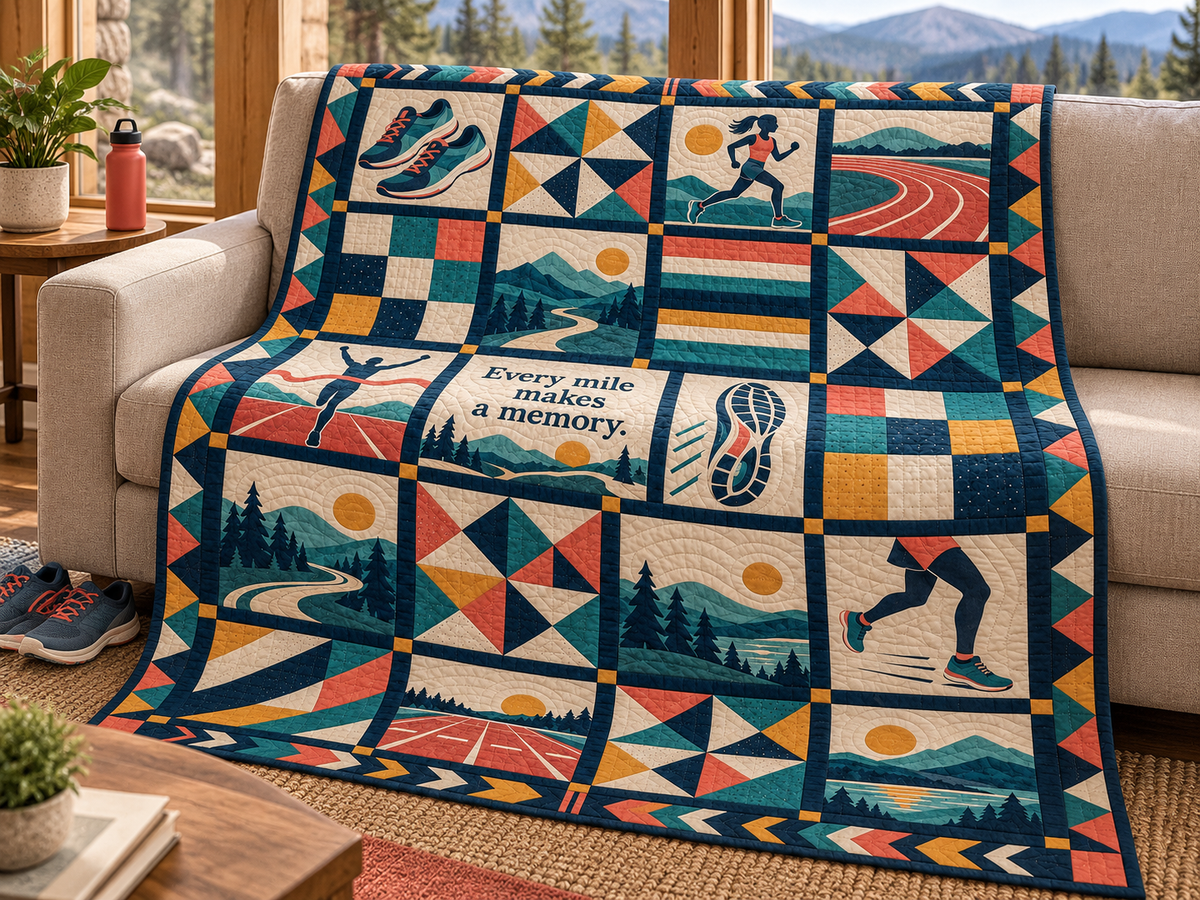 Memory Miles Running Quilt Blanket - sofa mockup