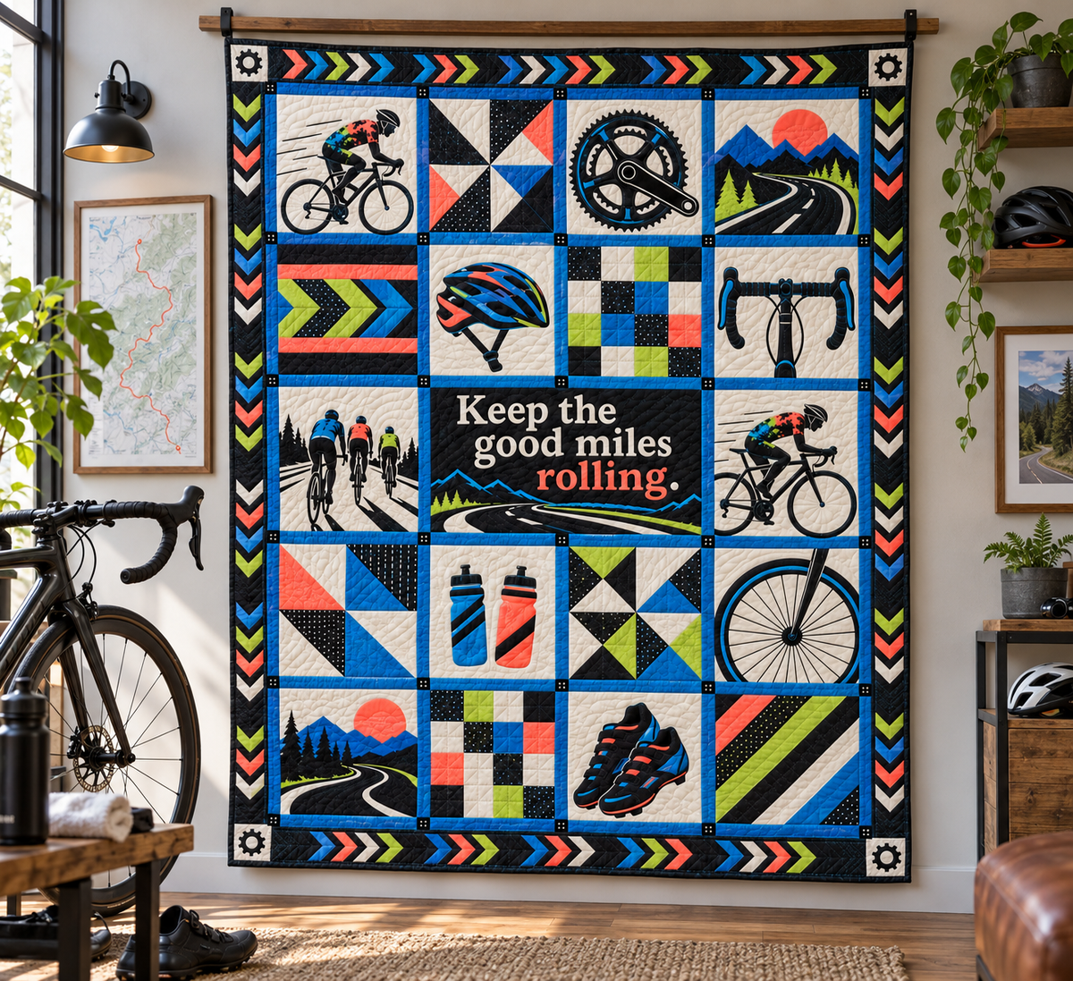 Good Miles Rolling Cycling Quilt Blanket - wall display