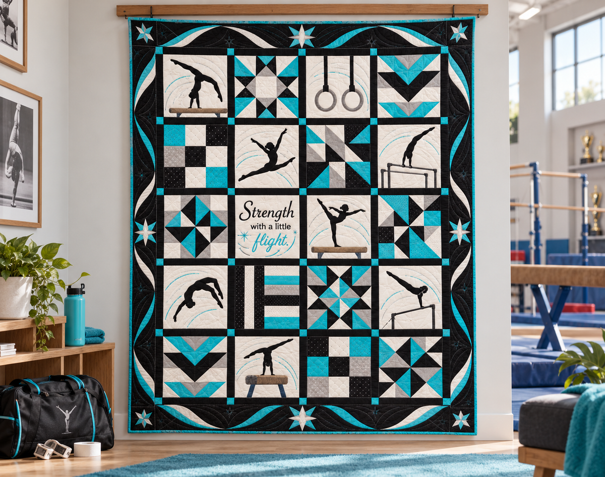 Strength in Flight Gymnastics Quilt Blanket - wall display