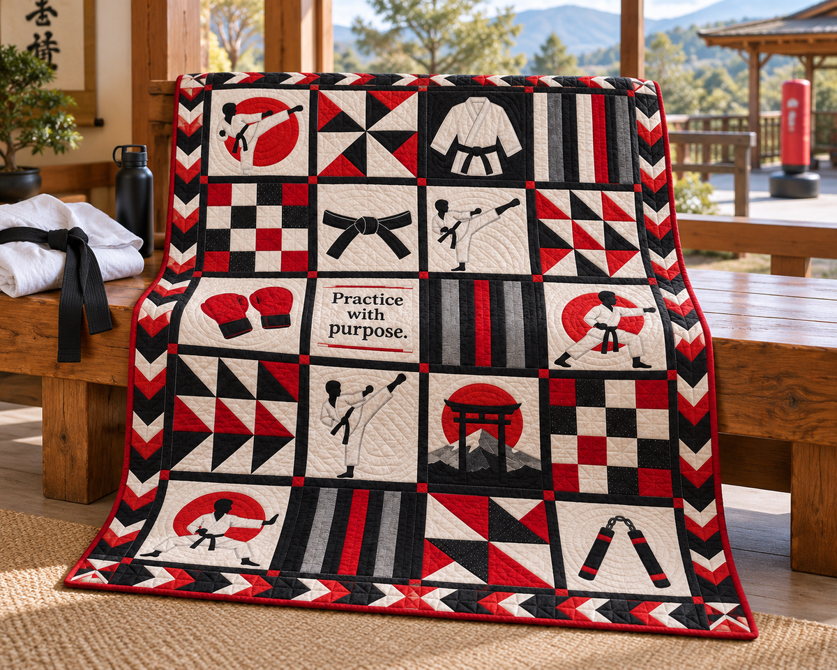 Purpose in Motion Karate Quilt Blanket - venue bench mockup