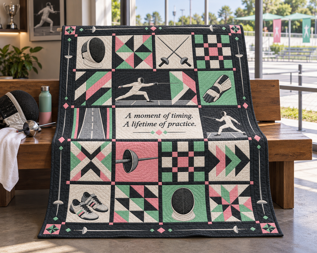 Perfect Timing Fencing Quilt Blanket - venue bench mockup