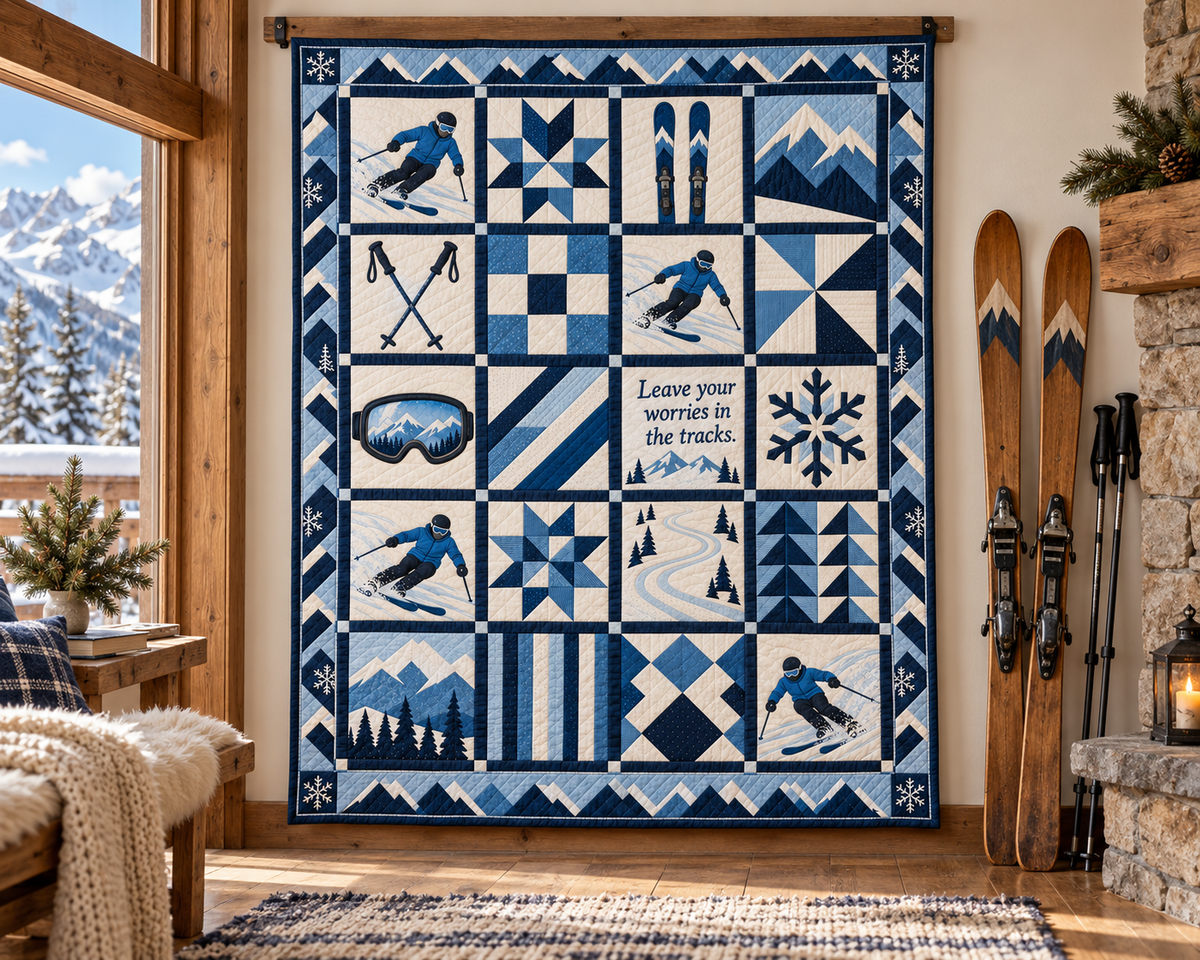 Tracks of Freedom Skiing Quilt Blanket - wall display