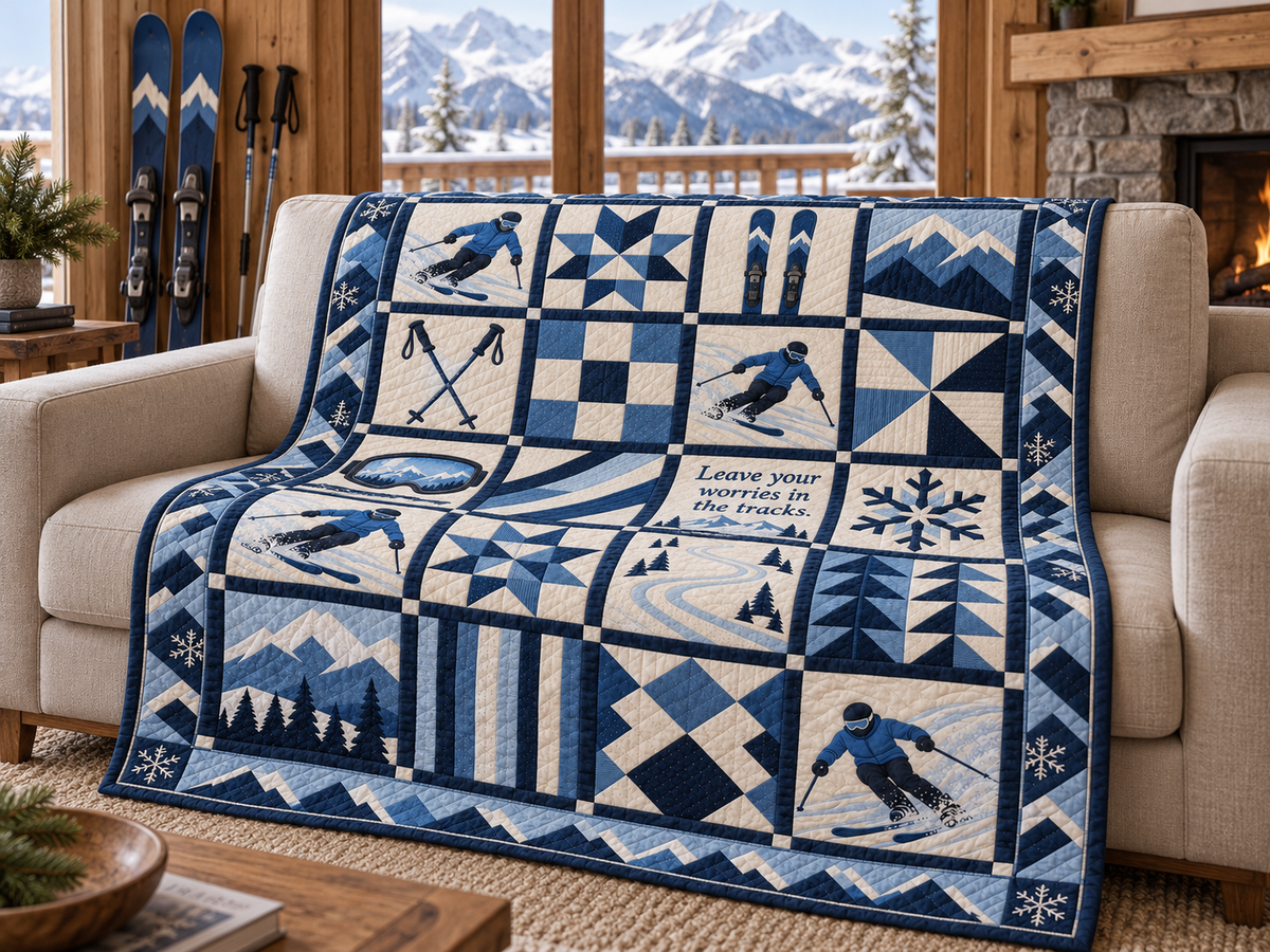 Tracks of Freedom Skiing Quilt Blanket - sofa mockup