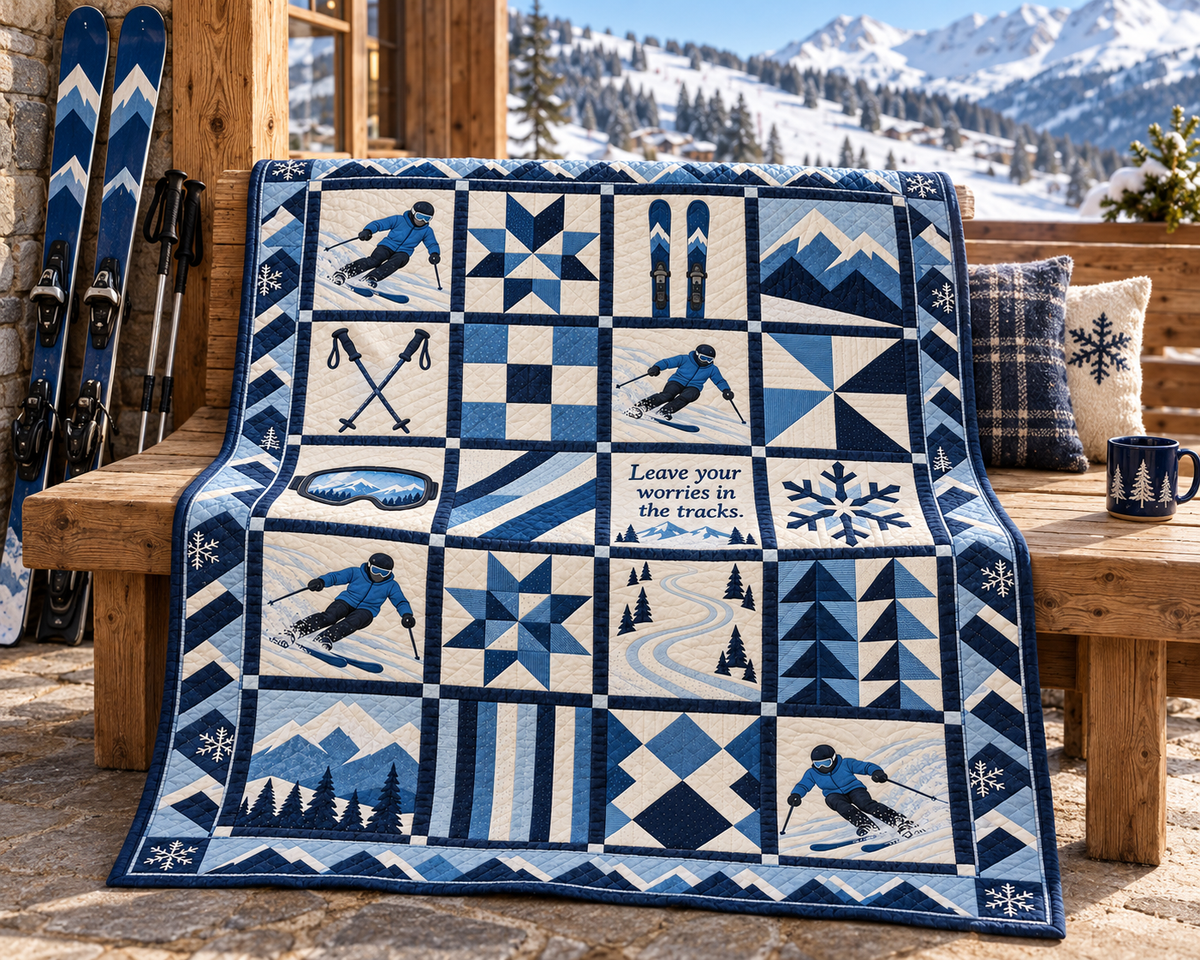 Tracks of Freedom Skiing Quilt Blanket - venue bench mockup