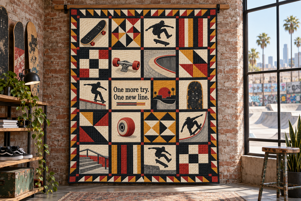 One More Try Skateboarding Quilt Blanket - wall display