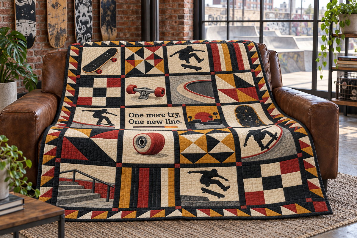 One More Try Skateboarding Quilt Blanket - sofa mockup