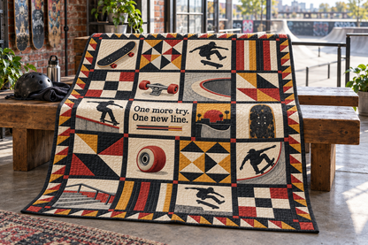 One More Try Skateboarding Quilt Blanket - venue bench mockup