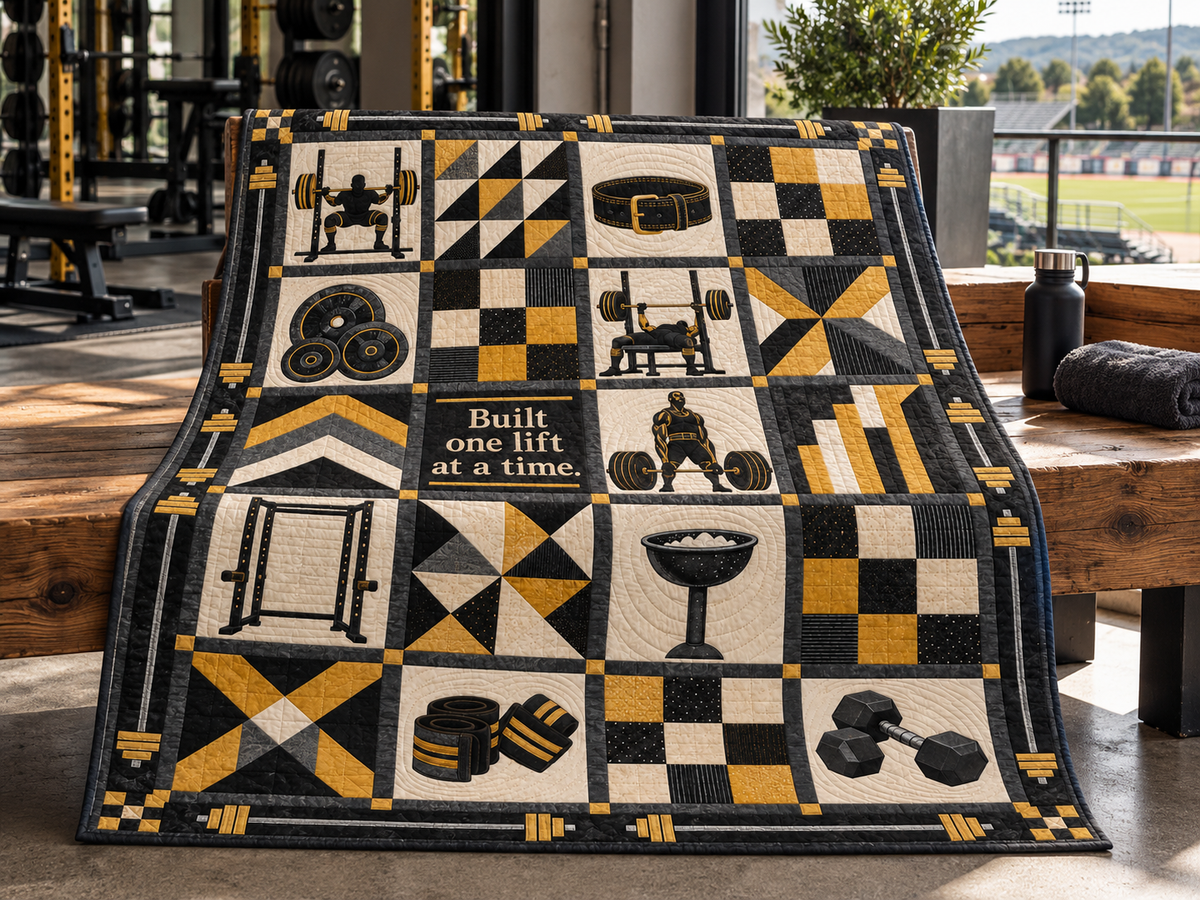 One Lift at a Time Powerlifting Quilt Blanket - venue bench mockup