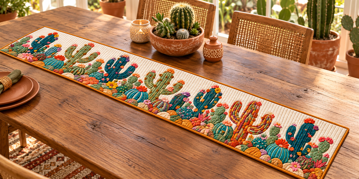 Textured Cactus Garden Quilted Table Runner — Indoor