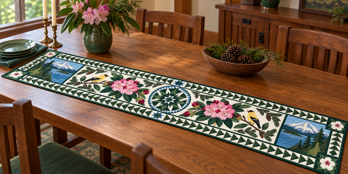 Washington Rhododendron Evergreen Quilted Table Runner — Indoor