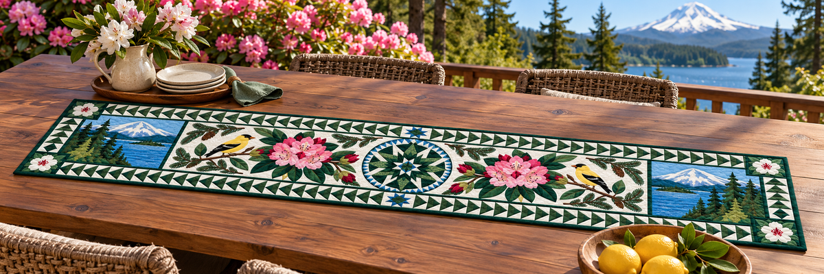 Washington Rhododendron Evergreen Quilted Table Runner — Outdoor