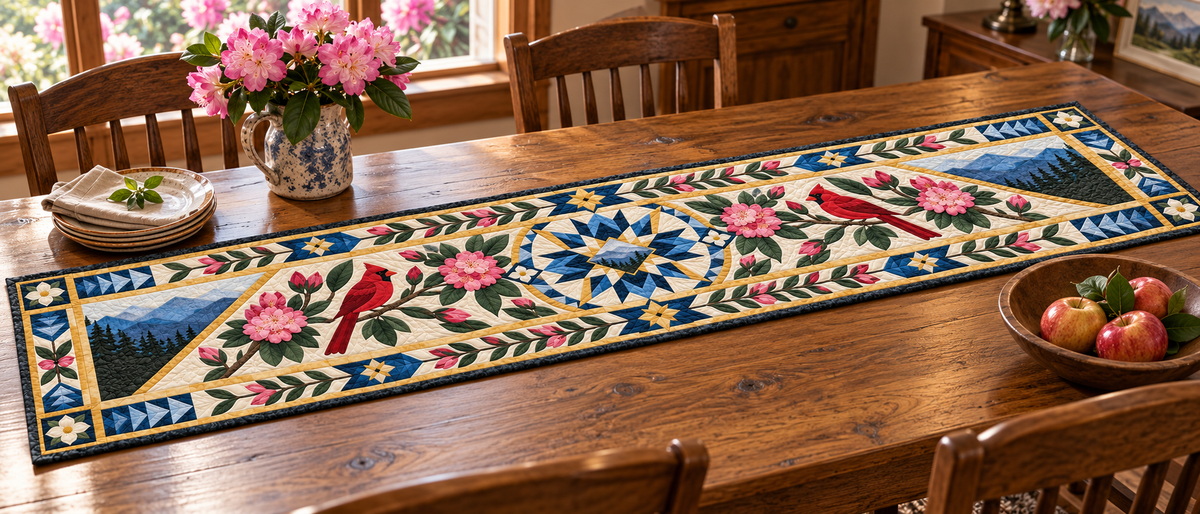 West Virginia Rhododendron Mountain Star Quilted Table Runner — Indoor