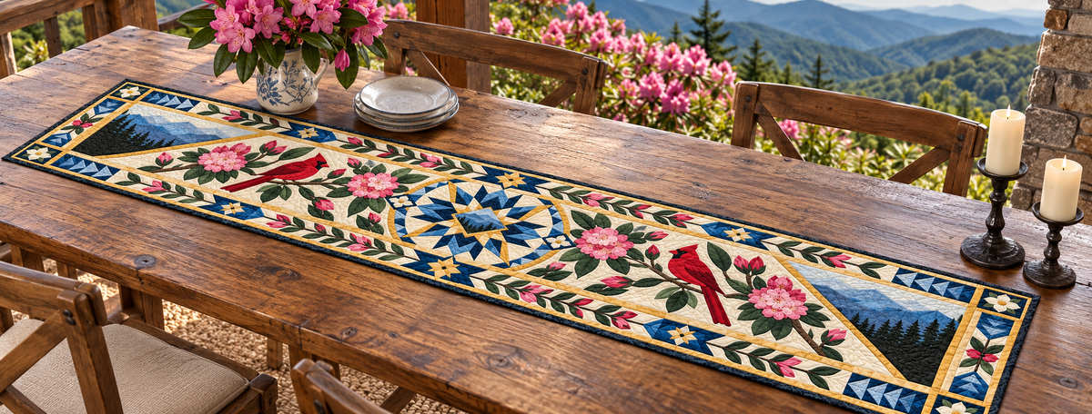 West Virginia Rhododendron Mountain Star Quilted Table Runner — Outdoor
