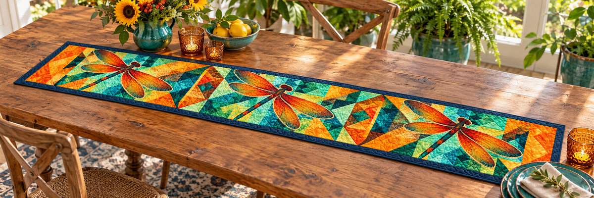 Amber Dragonflies Quilted Table Runner — Indoor