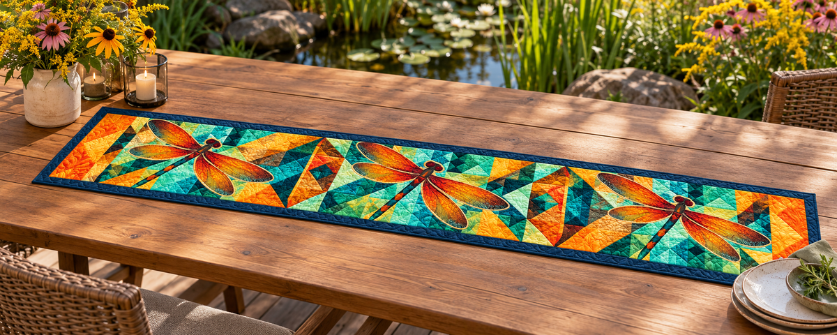 Amber Dragonflies Quilted Table Runner — Outdoor