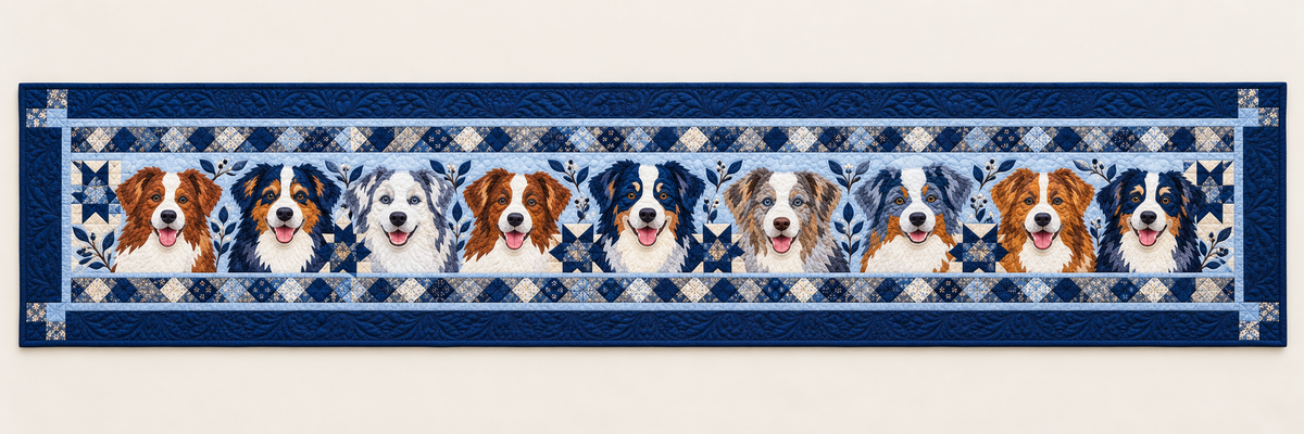 Australian Shepherd Portrait Gathering Quilted Table Runner — Runner Design