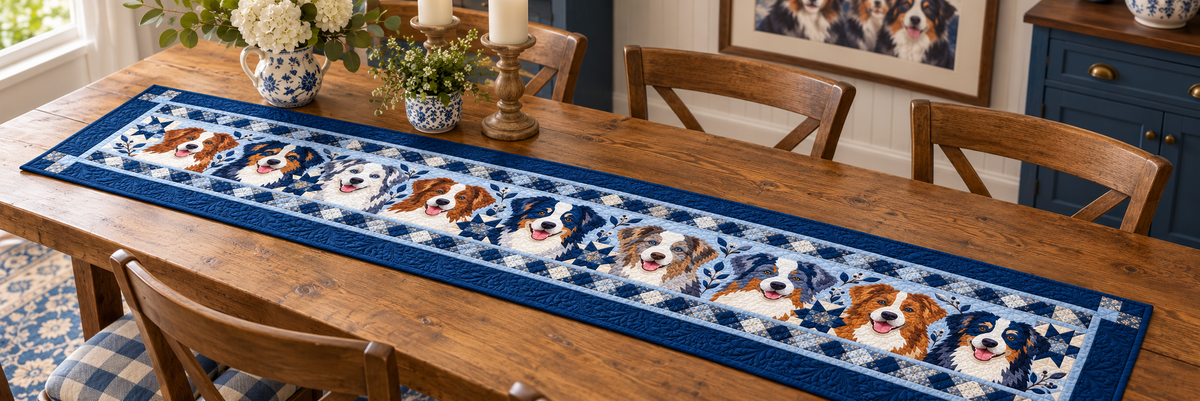 Australian Shepherd Portrait Gathering Quilted Table Runner — Indoor