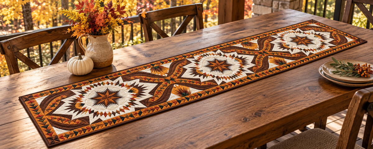 Autumn Compass Rose Quilted Table Runner — Outdoor