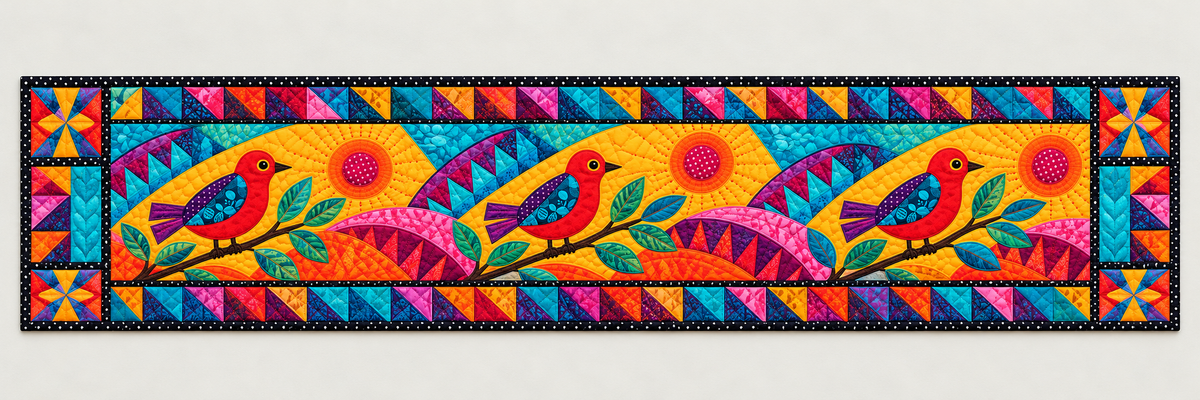 Bright Songbird And Rainbow Geometry Quilted Table Runner — Runner Design