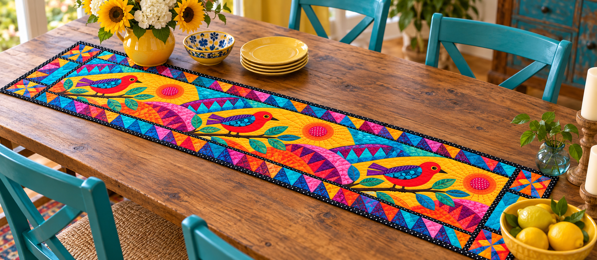Bright Songbird And Rainbow Geometry Quilted Table Runner — Indoor