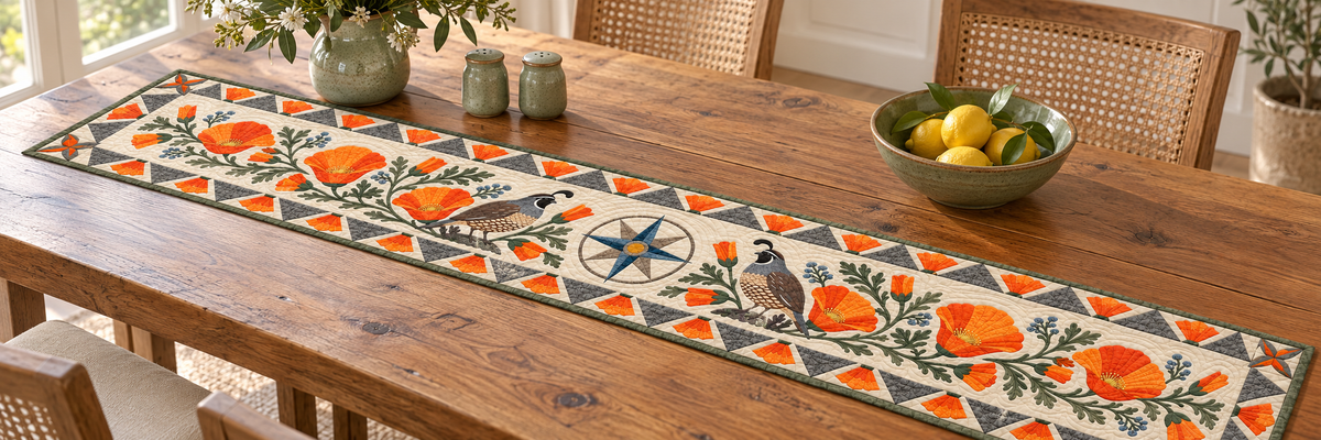 California Poppy Garden Quilted Table Runner — Indoor