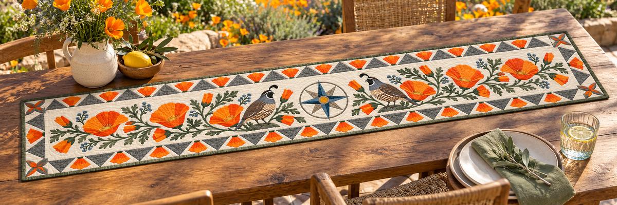 California Poppy Garden Quilted Table Runner — Outdoor