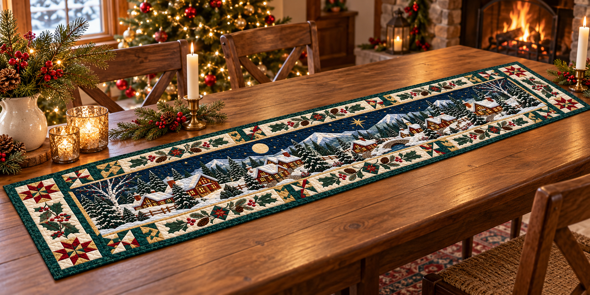 Christmas Village Glow Quilted Table Runner — Indoor