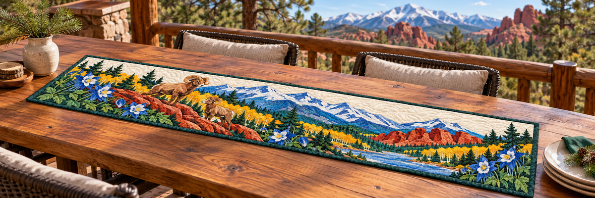 Colorado Columbine And Bighorn Quilted Table Runner — Outdoor
