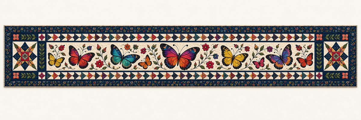 Colorful Butterflies In Navy Borders Quilted Table Runner — Runner Design