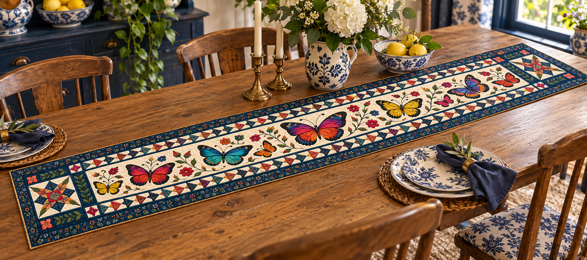 Colorful Butterflies In Navy Borders Quilted Table Runner — Indoor