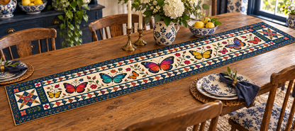 Colorful Butterflies In Navy Borders Quilted Table Runner — Indoor