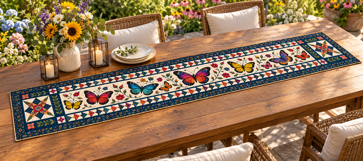 Colorful Butterflies In Navy Borders Quilted Table Runner — Outdoor