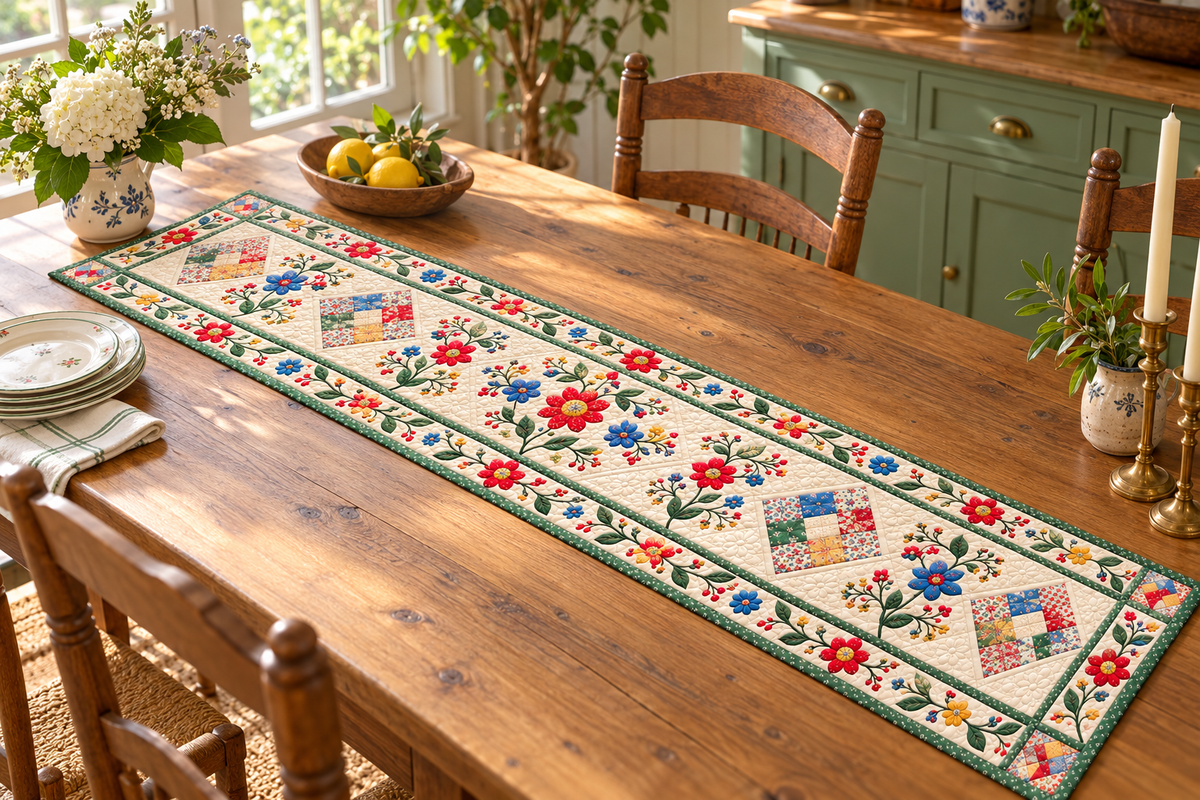 Cottage Flowers And Pastel Diamonds Quilted Table Runner — Indoor